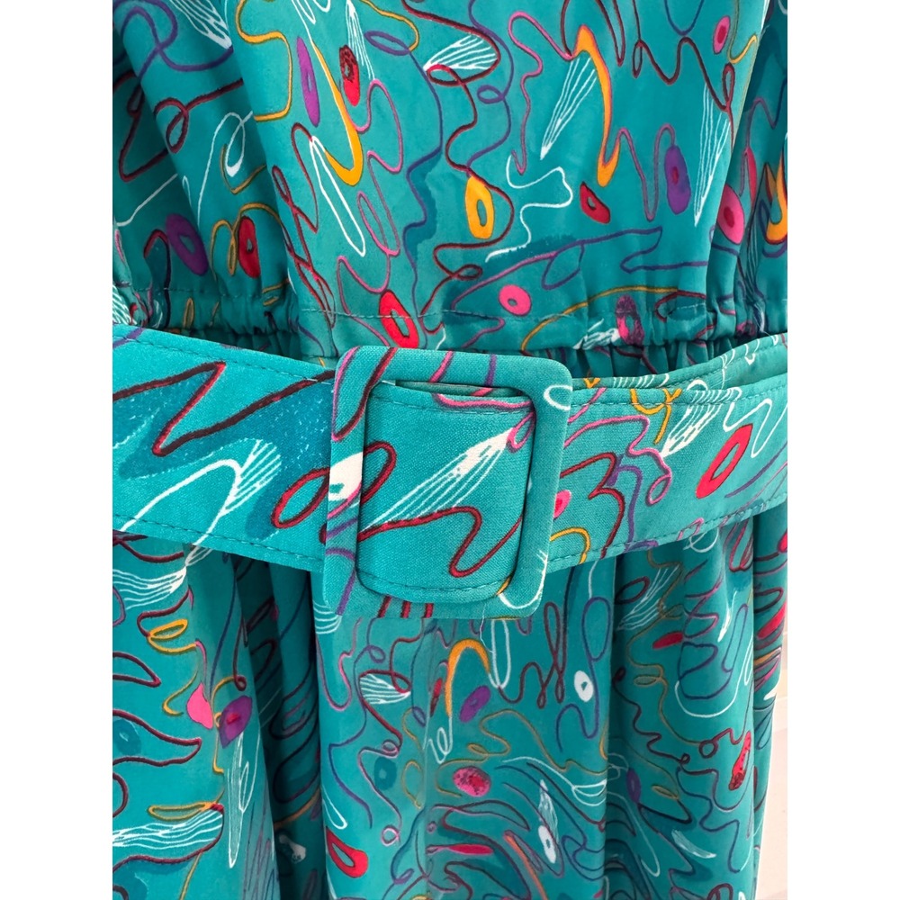 Vintage 80s Herman Marcus Dallas Teal Abstract Cowl Neck Belted Midi Dress 10 - Picture 3 of 10